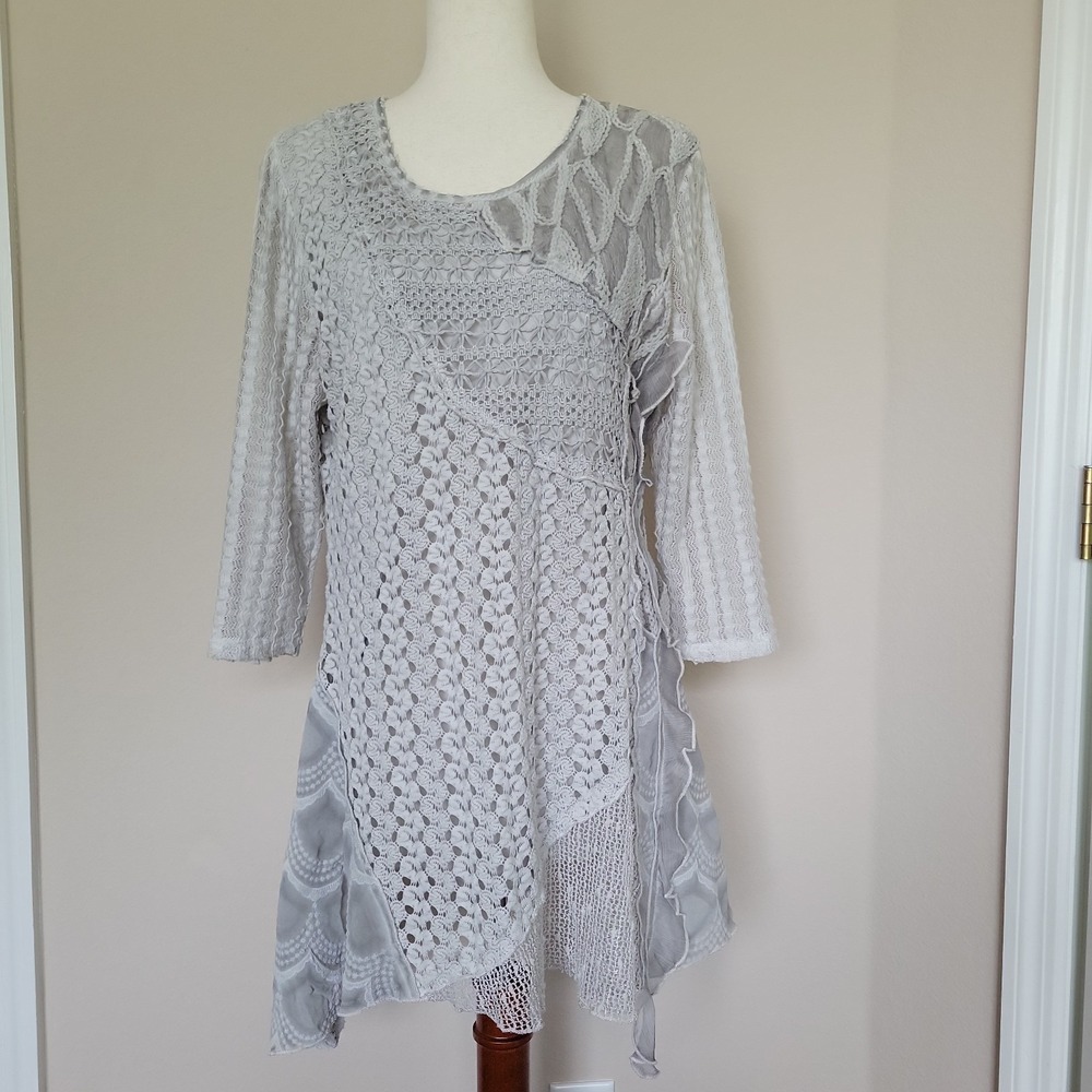 Ferateli Womens Lacey Top Sz L Mixed Media Ruffle Artsy Art Fairy Asymmetrical